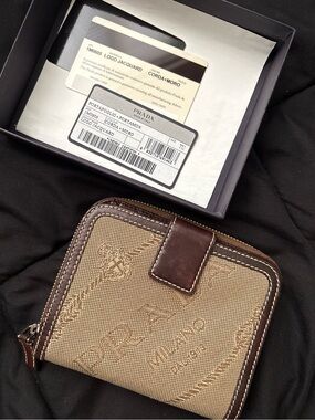 Prada iconic logo Jacquard canvas compact Zippy Wallet